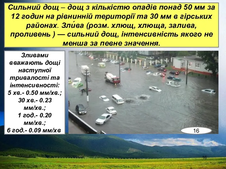 Сильний дощ – дощ з кількістю опадів понад 50 мм за