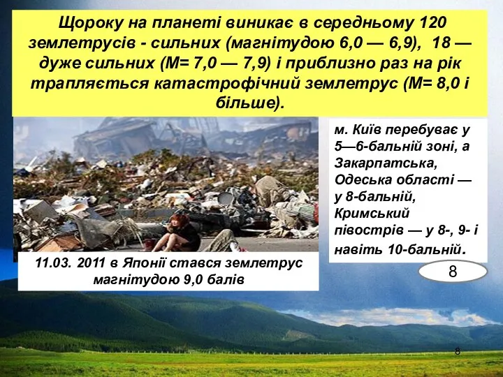 Щороку на планеті виникає в середньому 120 землетрусів - сильних (магнітудою