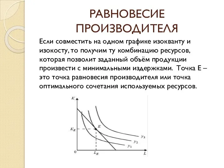 РАВНОВЕСИЕ ПРОИЗВОДИТЕЛЯ Если совместить на одном графике изокванту и изокосту, то