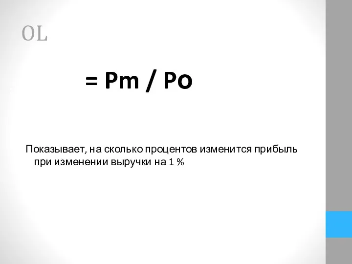 = Pm / Pо Показывает, на сколько процентов изменится прибыль при