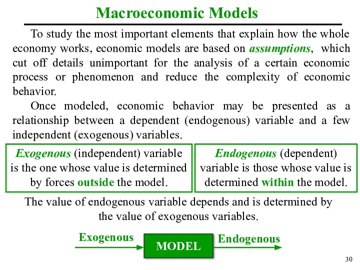 Exogenous The value of endogenous variable depends and is determined by