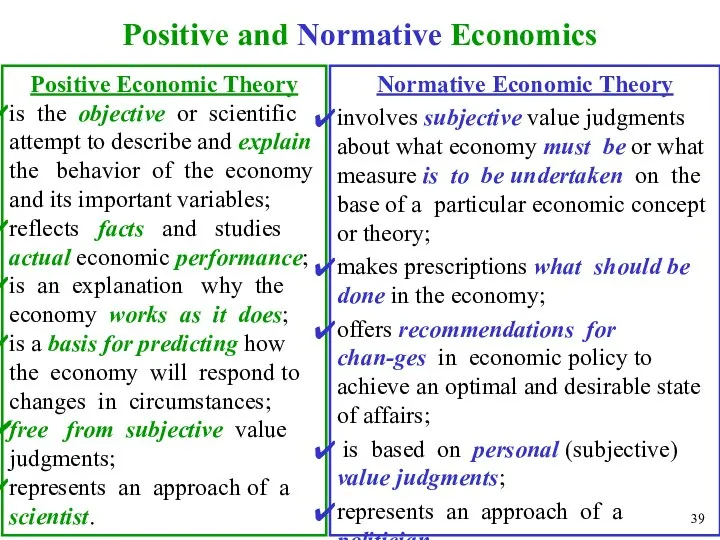 Positive and Normative Economics Positive Economic Theory is the objective or