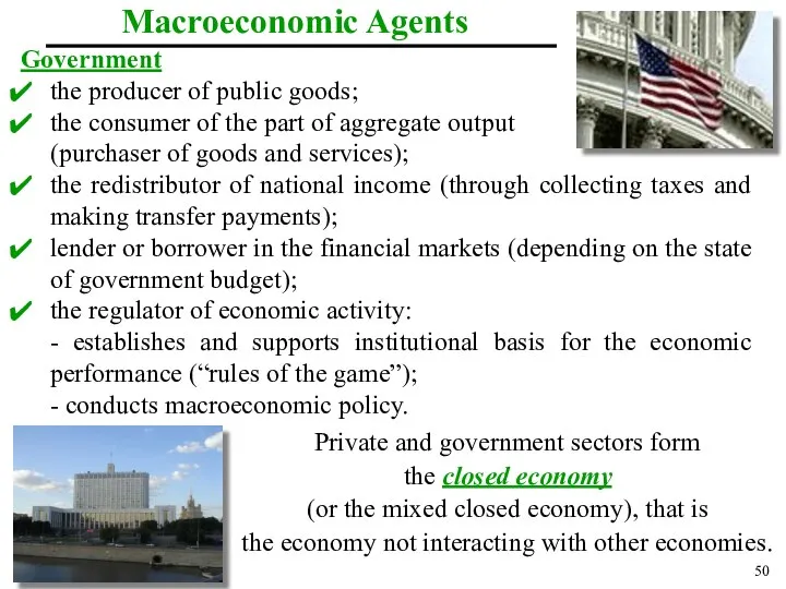 Macroeconomic Agents Government the producer of public goods; the consumer of