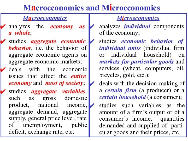 Macroeconomics and Microeconomics Macroeconomics analyzes the economy as a whole; studies