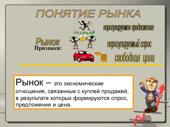 ПОНЯТИЕ РЫНКА Рынок – это экономические отношения, связанные с куплей продажей,