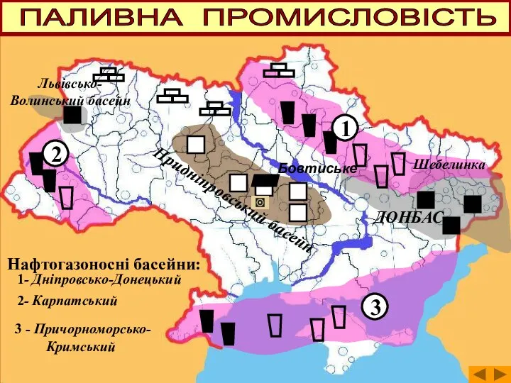 Львівсько-Волинський басейн ДОНБАС Придніпровський басейн 1 2 3 2- Карпатський 3