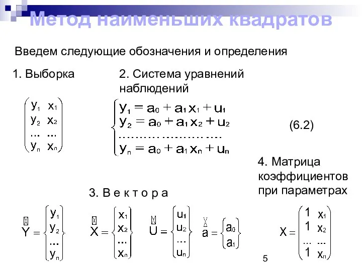 Метод наименьших квадратов Введем следующие обозначения и определения 1. Выборка 2.