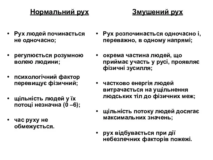 Нормальний рух Змушений рух Рух людей починається не одночасно; регулюється розумною