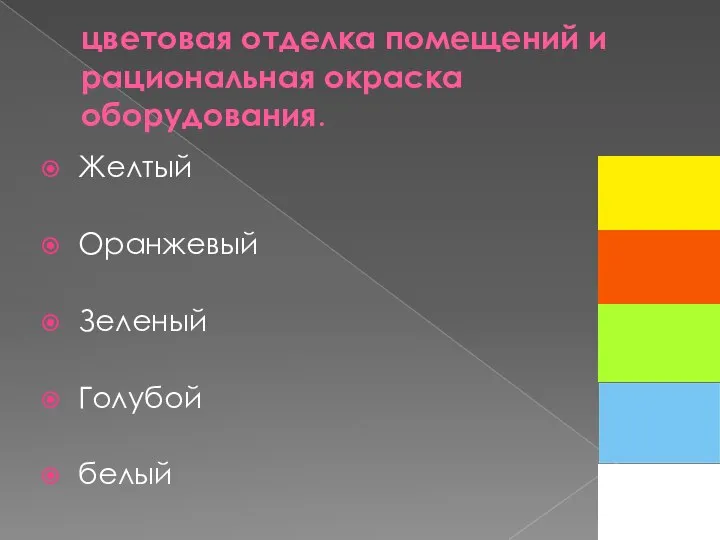 цветовая отделка помещений и рациональная окраска оборудования. Желтый Оранжевый Зеленый Голубой белый