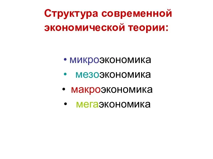 Структура современной экономической теории: микроэкономика мезоэкономика макроэкономика мегаэкономика