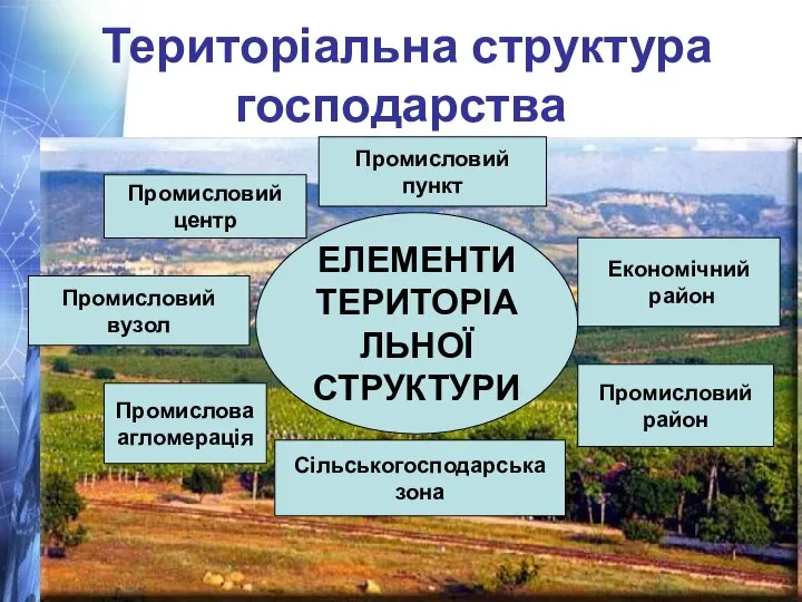 Територіальна структура господарства ЕЛЕМЕНТИ ТЕРИТОРІАЛЬНОЇ СТРУКТУРИ Промисловий пункт Економічний район Промисловий