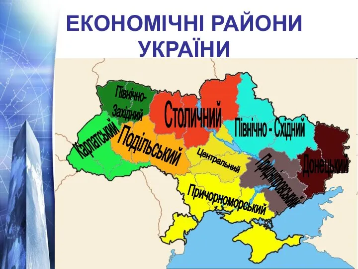 ЕКОНОМІЧНІ РАЙОНИ УКРАЇНИ Подільський Карпатський Столичний Центральний Причорноморський Донецький Придніпровський Північно- Західний Північно - Східний