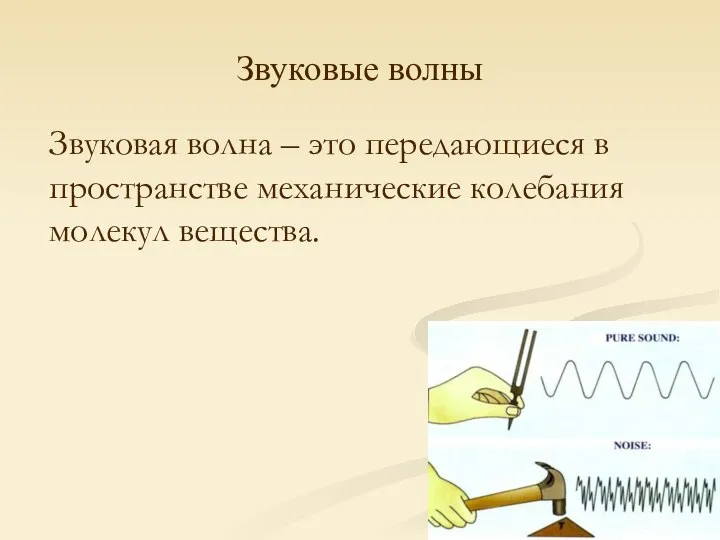 Звуковые волны Звуковая волна – это передающиеся в пространстве механические колебания молекул вещества.