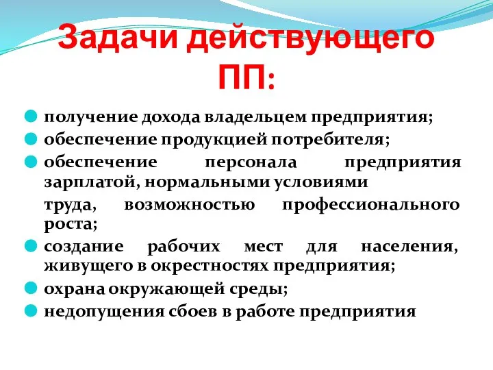 Задачи действующего ПП: получение дохода владельцем предприятия; обеспечение продукцией потребителя; обеспечение