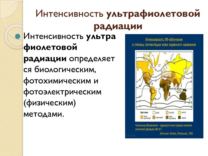 Интенсивность ультрафиолетовой радиации Интенсивность ультрафиолетовой радиации определяется биологическим, фотохимическим и фотоэлектрическим (физическим) методами.