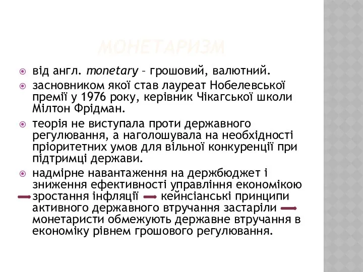 МОНЕТАРИЗМ від англ. monetary – грошовий, валютний. засновником якої став лауреат