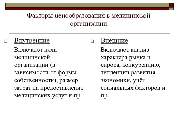 Факторы ценообразования в медицинской организации Внутренние Включают цели медицинской организации (в