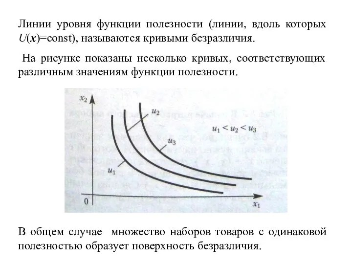 Линии уровня функции полезности (линии, вдоль которых U(x)=const), называются кривыми безразличия.