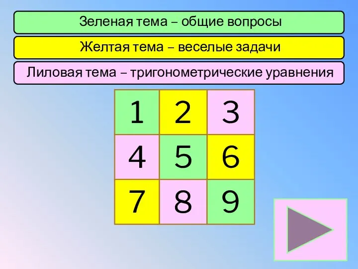 Зеленая тема – общие вопросы Желтая тема – веселые задачи Лиловая