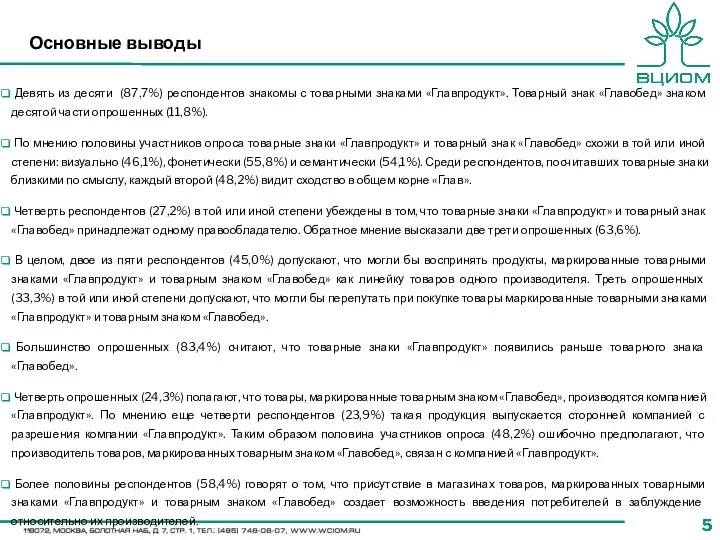 Основные выводы Девять из десяти (87,7%) респондентов знакомы с товарными знаками