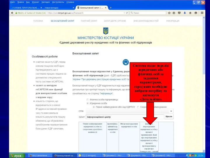 Система надає перелік юридичних або фізичних осіб за заданими параметрами, серед