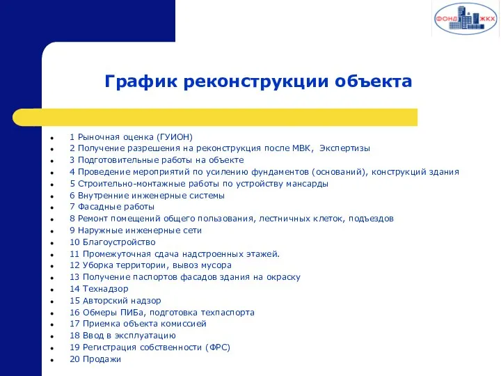 График реконструкции объекта 1 Рыночная оценка (ГУИОН) 2 Получение разрешения на