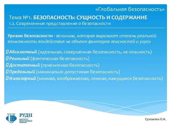 Сухомлин О.А. Тема №1. БЕЗОПАСНОСТЬ: СУЩНОСТЬ И СОДЕРЖАНИЕ Уровни безопасности -