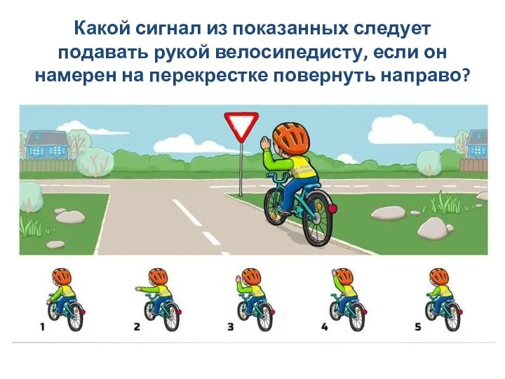 Какой сигнал из показанных следует подавать рукой велосипедисту, если он намерен на перекрестке повернуть направо?