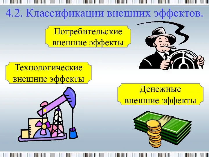 4.2. Классификации внешних эффектов. Технологические внешние эффекты Потребительские внешние эффекты Денежные внешние эффекты