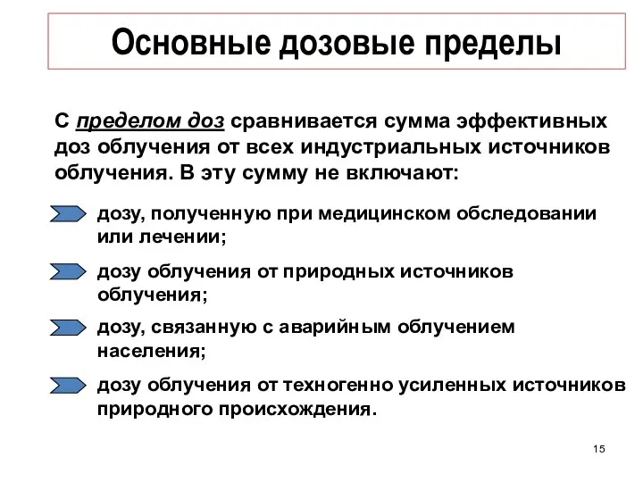 Основные дозовые пределы С пределом доз сравнивается сумма эффективных доз облучения