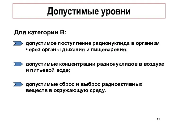 Допустимые уровни Для категории В: допустимое поступление радионуклида в организм через