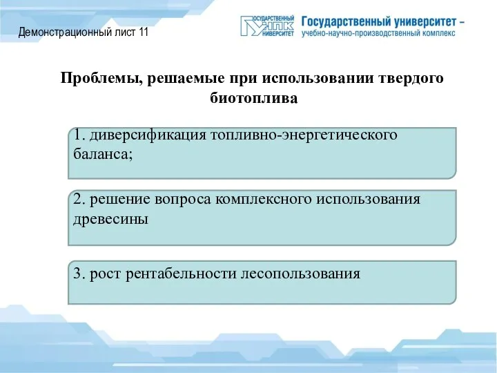 Демонстрационный лист 11 Проблемы, решаемые при использовании твердого биотоплива 1. диверсификация