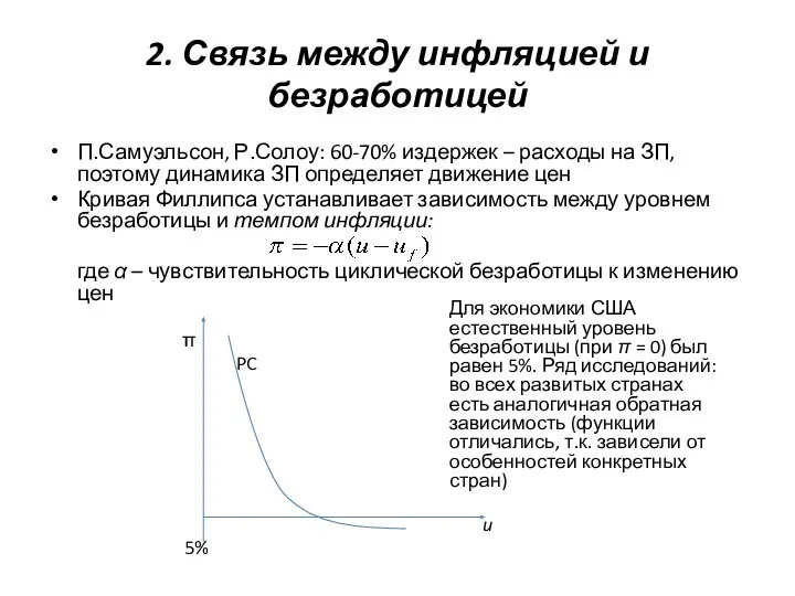 2. Связь между инфляцией и безработицей П.Самуэльсон, Р.Солоу: 60-70% издержек –