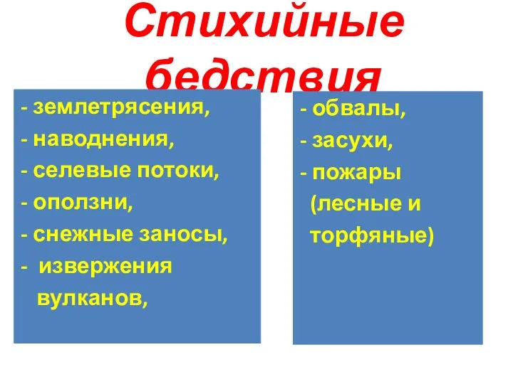 Стихийные бедствия - землетрясения, - наводнения, - селевые потоки, - оползни,