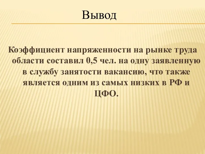 Коэффициент напряженности на рынке труда области составил 0,5 чел. на одну