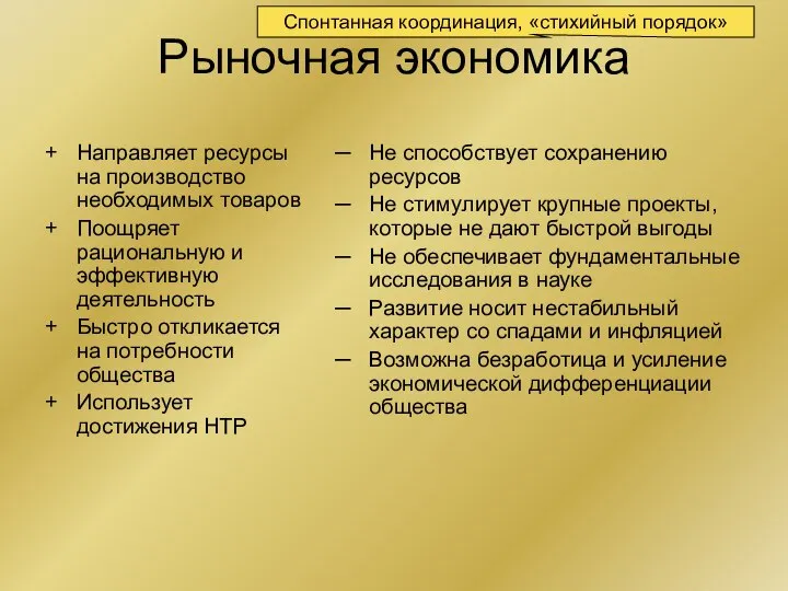 Рыночная экономика Направляет ресурсы на производство необходимых товаров Поощряет рациональную и