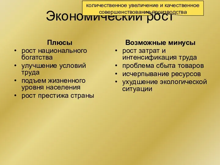 Экономический рост Плюсы рост национального богатства улучшение условий труда подъем жизненного