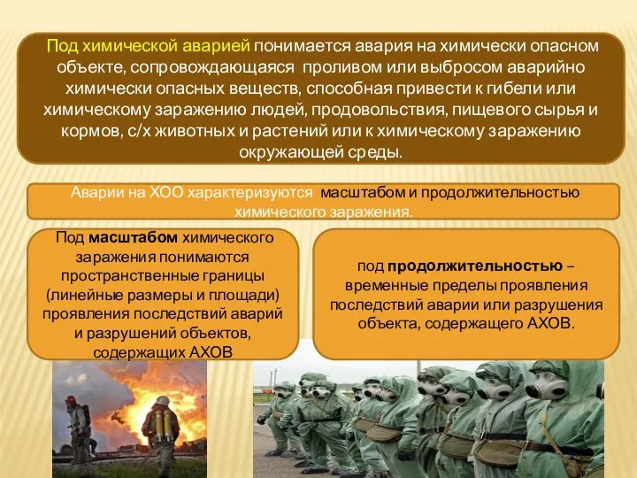 Под химической аварией понимается авария на химически опасном объекте, сопровождающаяся проливом