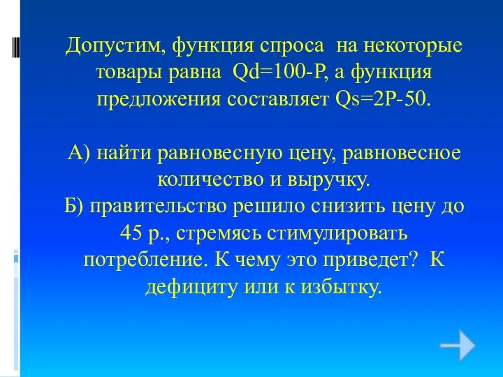 Допустим, функция спроса на некоторые товары равна Qd=100-P, а функция предложения