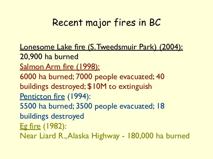 Recent major fires in BC Lonesome Lake fire (S. Tweedsmuir Park)