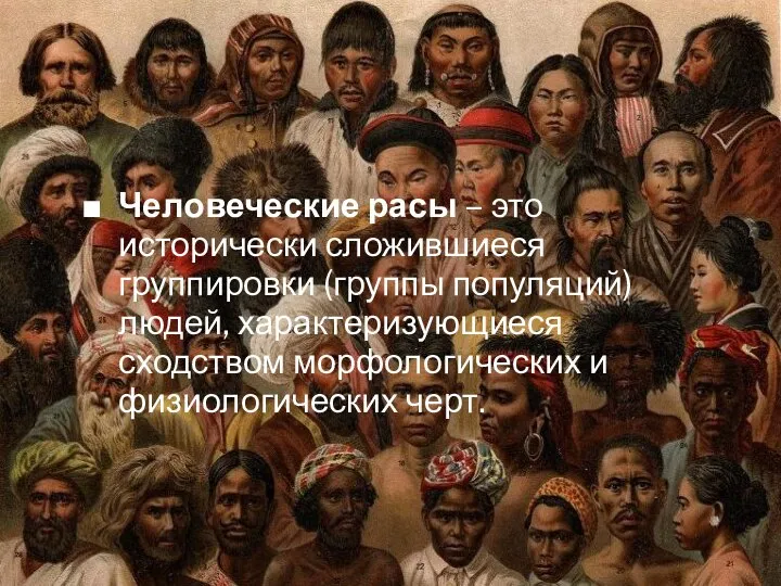 Человеческие расы – это исторически сложившиеся группировки (группы популяций) людей, характеризующиеся сходством морфологических и физиологических черт.