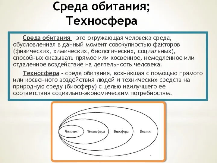 Среда обитания; Техносфера Среда обитания – это окружающая человека среда, обусловленная