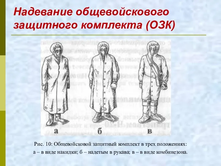 Надевание общевойскового защитного комплекта (ОЗК) Рис. 10: Общевойсковой защитный комплект в