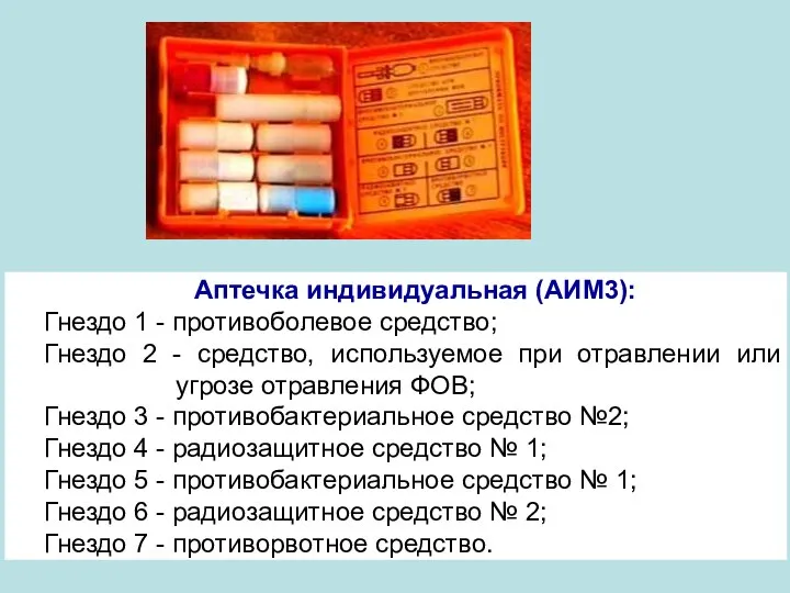 Аптечка индивидуальная (АИМ3): Гнездо 1 - противоболевое средство; Гнездо 2 -