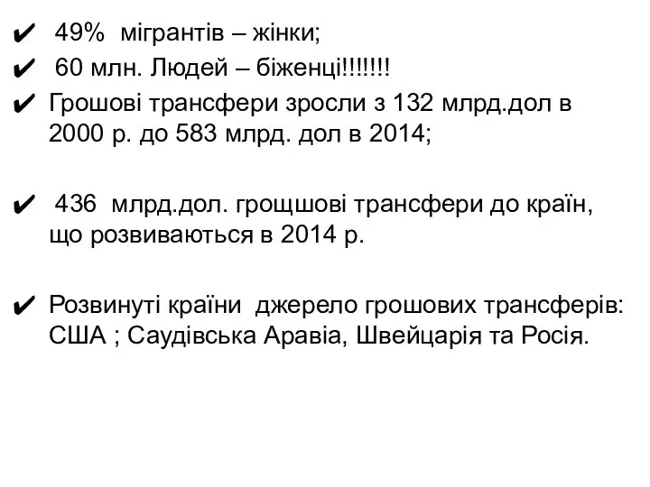 49% мігрантів – жінки; 60 млн. Людей – біженці!!!!!!! Грошові трансфери