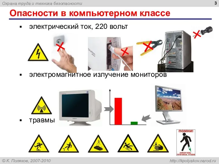 Опасности в компьютерном классе электрический ток, 220 вольт электромагнитное излучение мониторов травмы