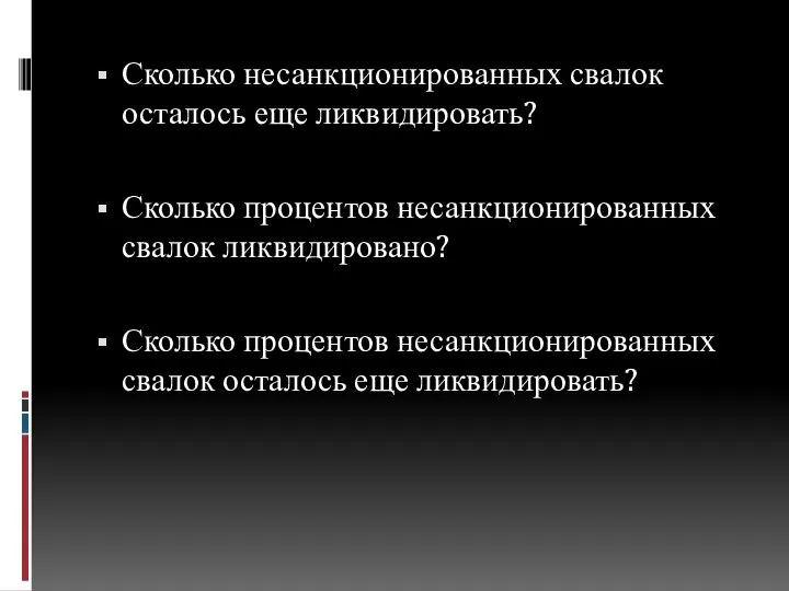 Сколько несанкционированных свалок осталось еще ликвидировать? Сколько процентов несанкционированных свалок ликвидировано?