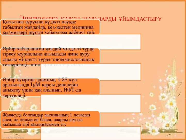 Эпидемияға қарсы шараларды ұйымдастыру Қызылша ауруына күдікті науқас табылған жағдайда, кез-келген