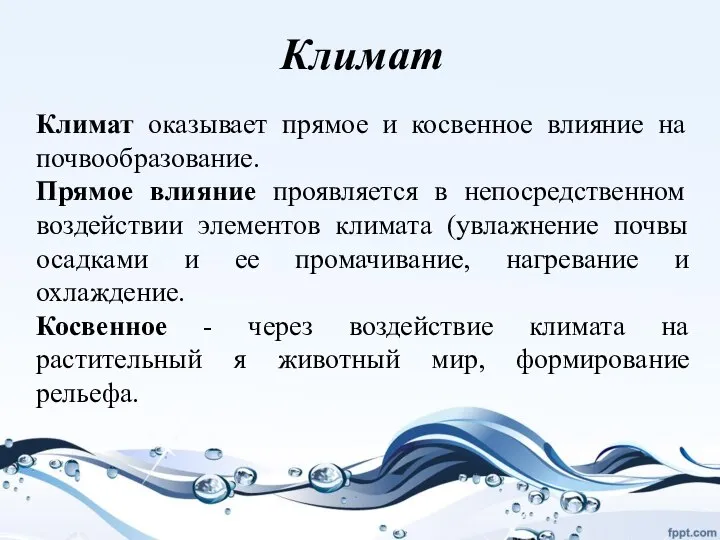 Климат оказывает прямое и косвенное влияние на почвообразование. Прямое влияние проявляется