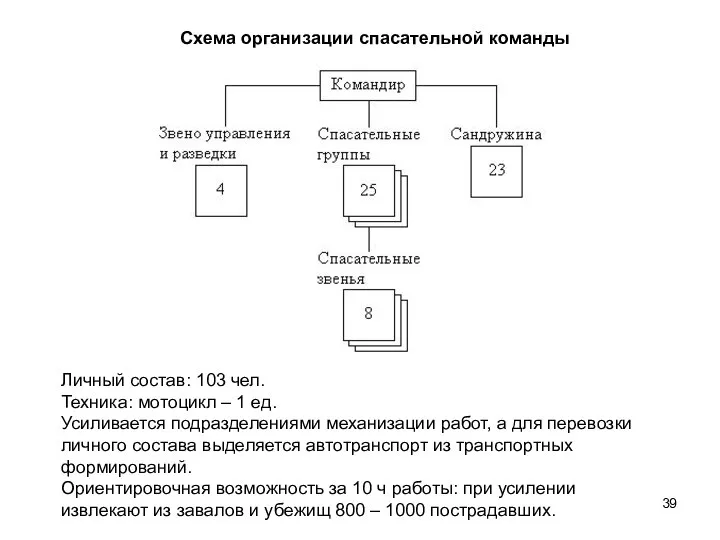 Схема организации спасательной команды Личный состав: 103 чел. Техника: мотоцикл –